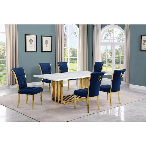 Best Quality Furniture Lisa 7-Piece Rectangle White Marble Top Gold Stainless Steel Dining Set With 6-Navy Blue Velvet Gold Iron Leg Chairs
