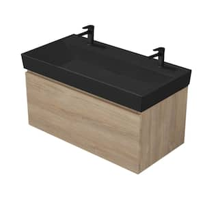 Sharp 39.3 in. W x 18.9 in. D x 22.9 in. H Modern Wall Mounted Bathroom Vanity in Brown Oak with Matte Black Ceramic Top