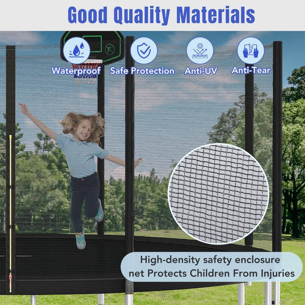14FT Black Round Trampoline with Safety Enclosure and Basketball Hoop