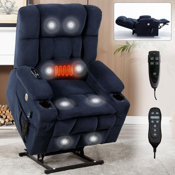 Blue Chenille Power Lift Recliner Chair, Heavy Duty Motion Mechanism with 8-Point Vibration Massage and Lumbar Heating