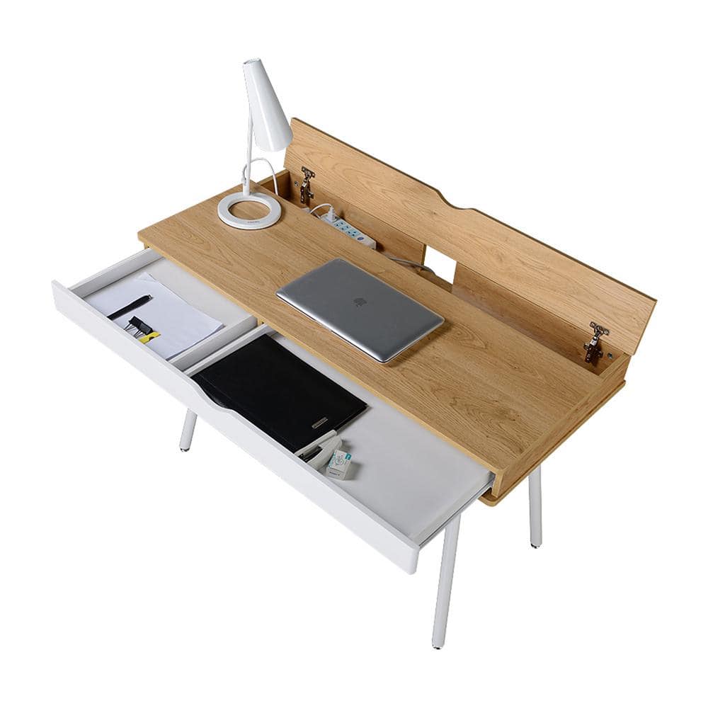 Pine and White Mid-Century Modern Desk with Multi-Storage