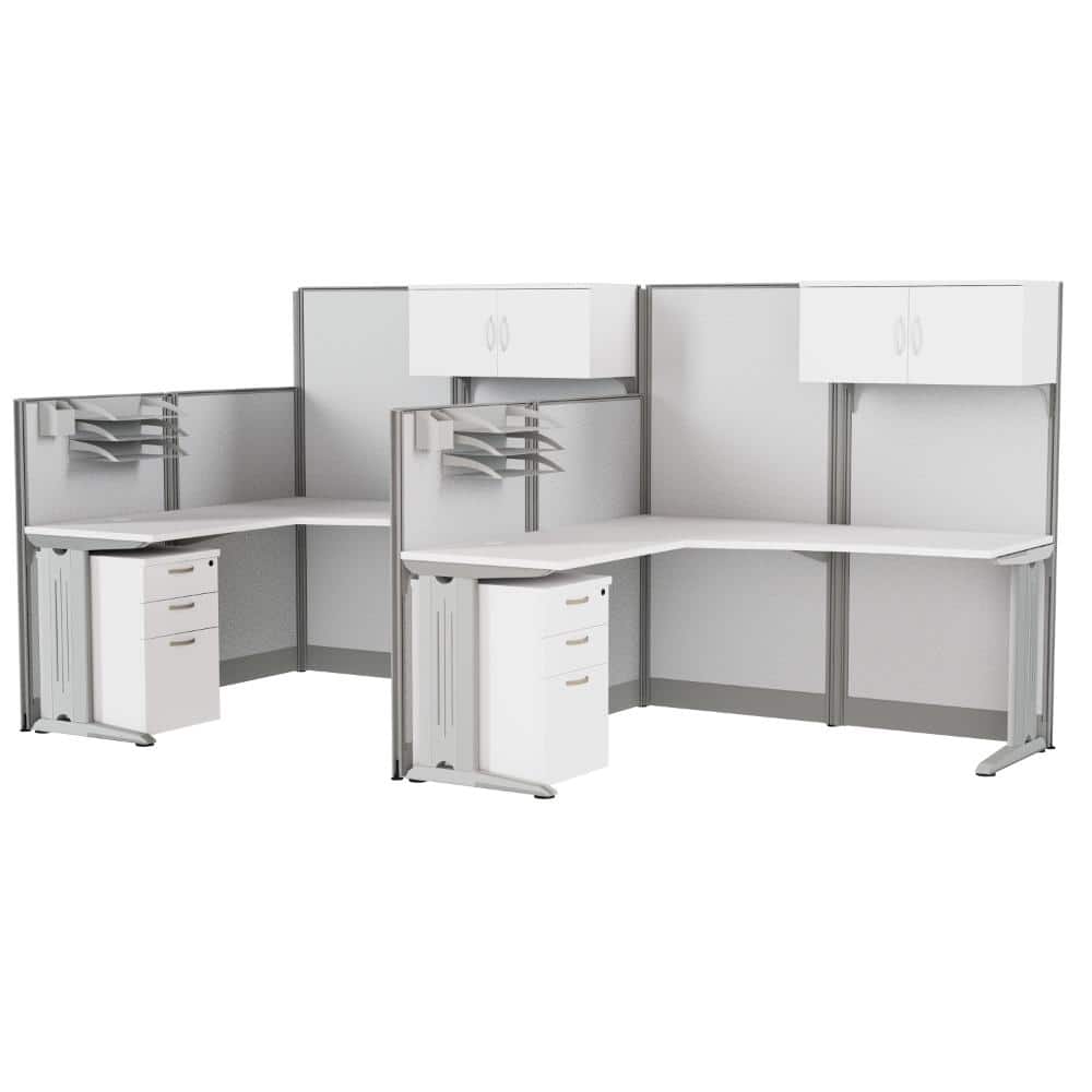 Instant Office 63"H x 129"W 2 Person F-Shaped Cubicle Panel Workstation w/ Storage, Pure White