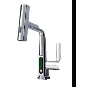 Digital Display Basin Faucet Single Handle Deck Standard Kitchen Faucet with Lift Up Down Stream Sprayer in Silver