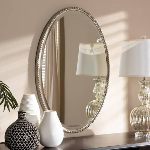 Medium Oval Antique Silver Contemporary Mirror (35 in. H x 24 in. W)