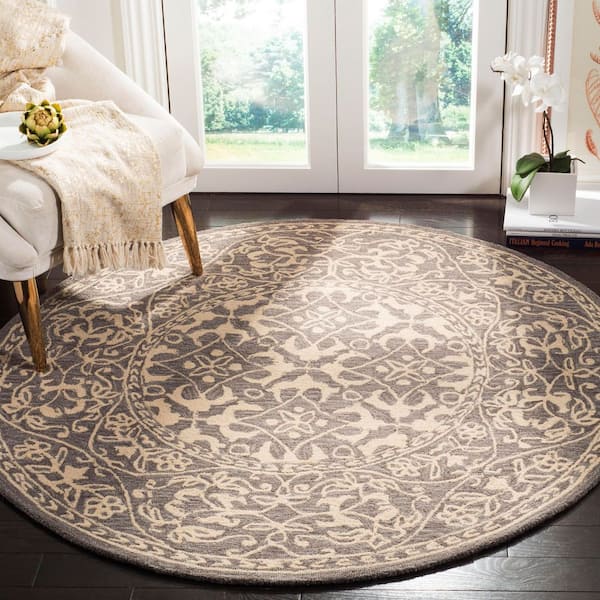 Suzani 5 ft. x 5 ft. Gray/Beige Oriental Border Round Area Rug
