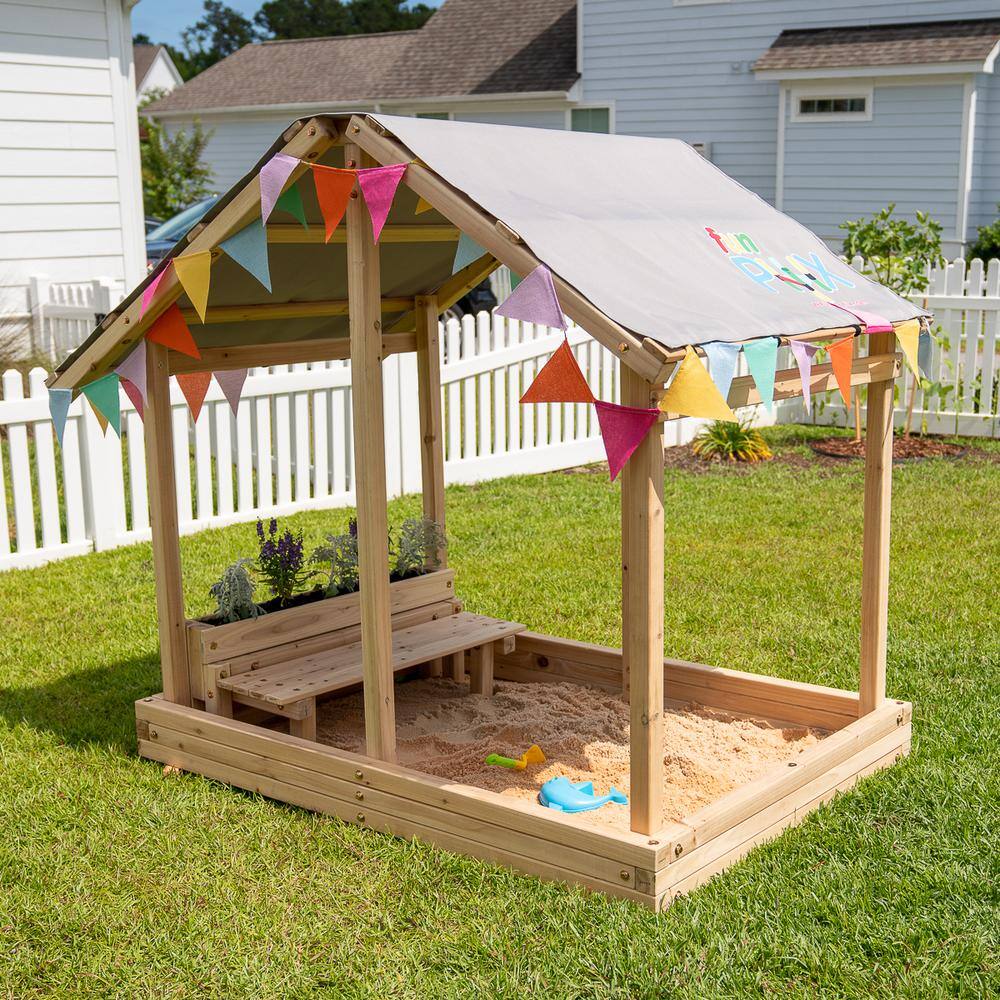Funphix Wooden Sandbox Playhouse with Bench and Planter