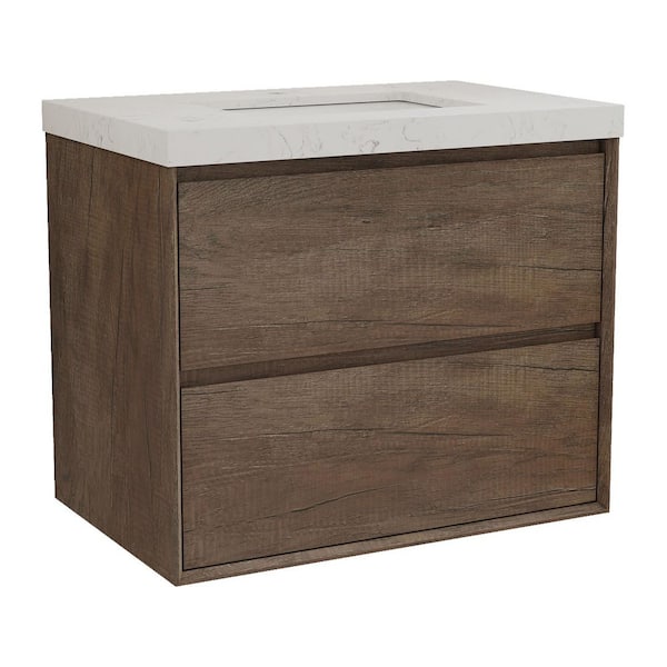 Aeroline 30 in. W x 19.29 in. D x 25.59 in. H Single Sink Float Antique Oak Bath Vanity w/Sar White Engineered Stone Top