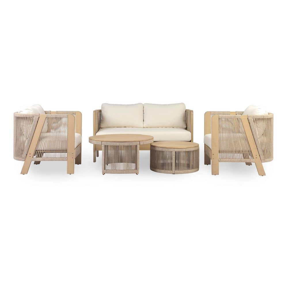 Dakota 5-Piece Solid Wood Patio Conversation Set with Cream Cushions and Hand-Woven Beige Rope price history on PriceWatchPro