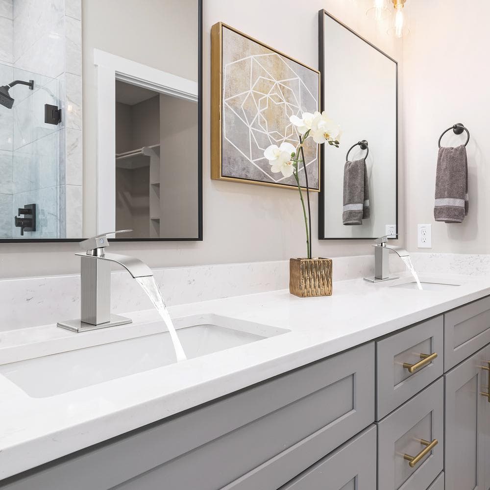 Brushed Nickel Single-Handle Low Arc Bathroom Faucet with Drain