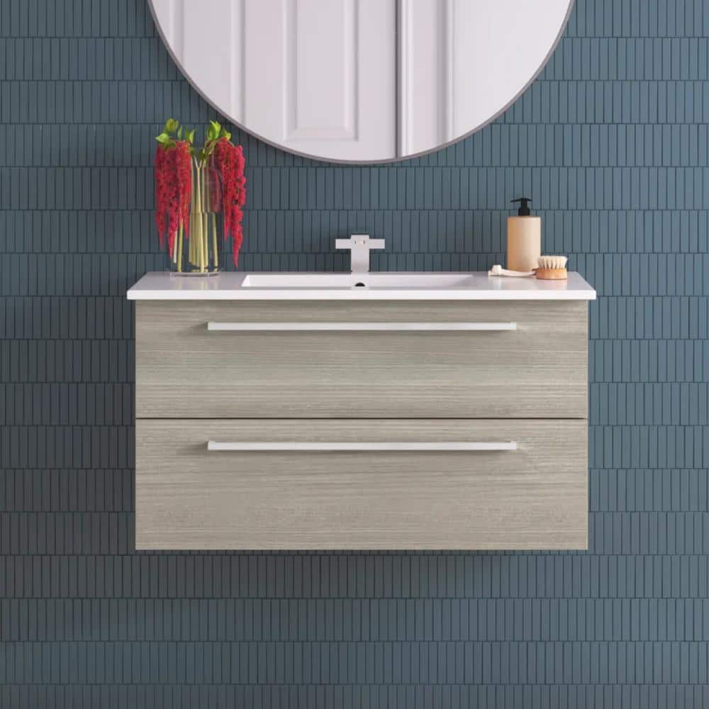 Aria 36" Gray Wall-Mount Single Sink Vanity with Marble Top