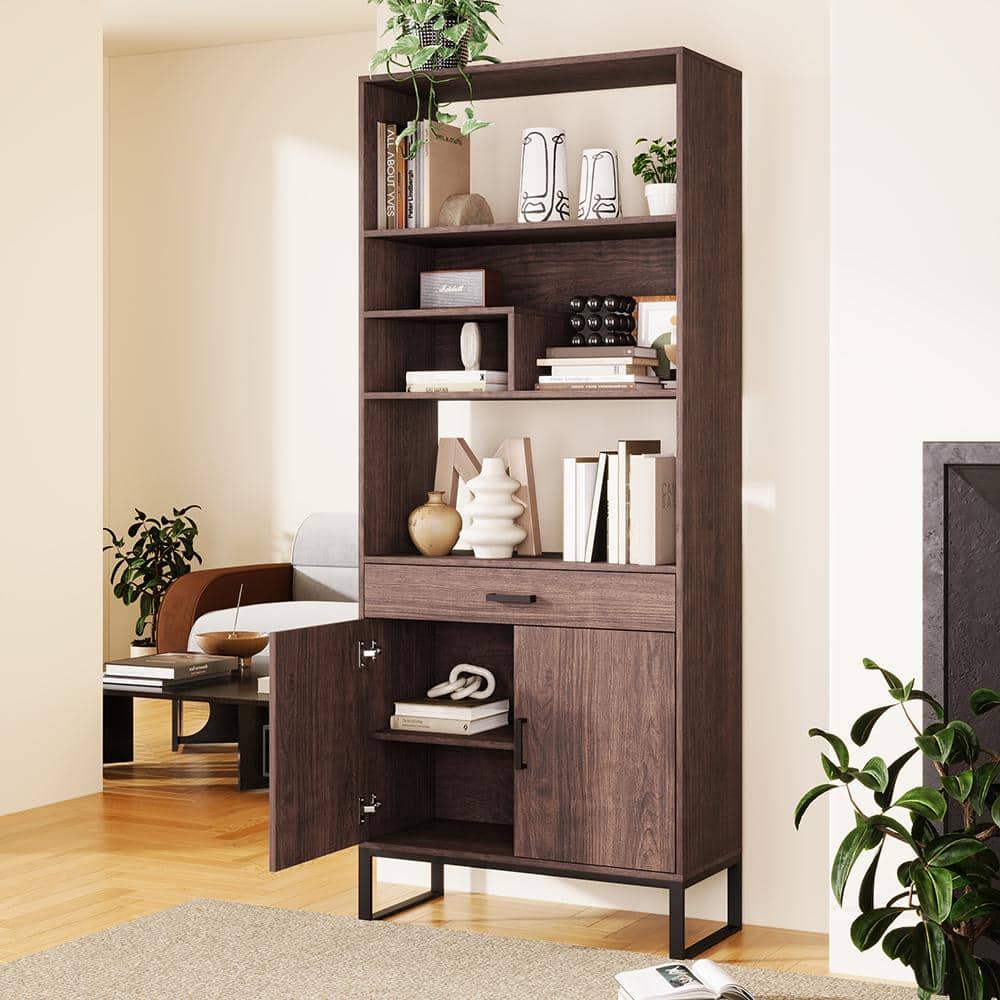 Brown 75.9 in. H Storage Cabinet with Storage drawer, Modern Open Bookshelf