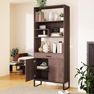 Brown 75.9 in. H Storage Cabinet with Storage drawer, Modern Open Bookshelf with Doors
