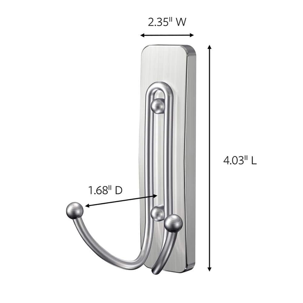 Large Brushed Nickel Double Hook with Adhesive Strip