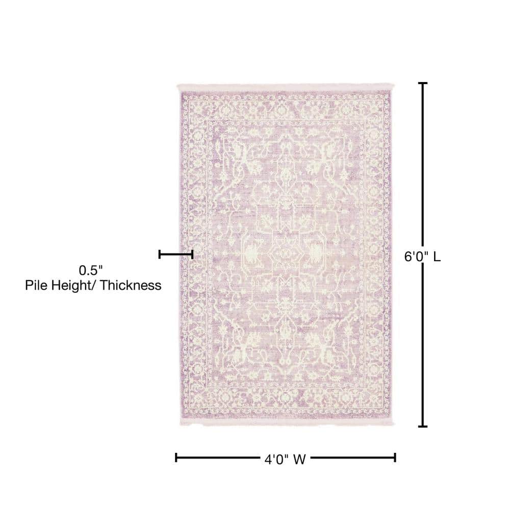 Purple and Ivory Abstract Synthetic Easy Care Rug, 4' x 6'