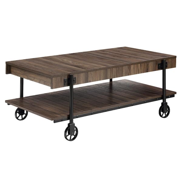 Furniture of America Bargib 47.25 in. Black and Dark Walnut Rectangle Wood Coffee Table with Wheels
