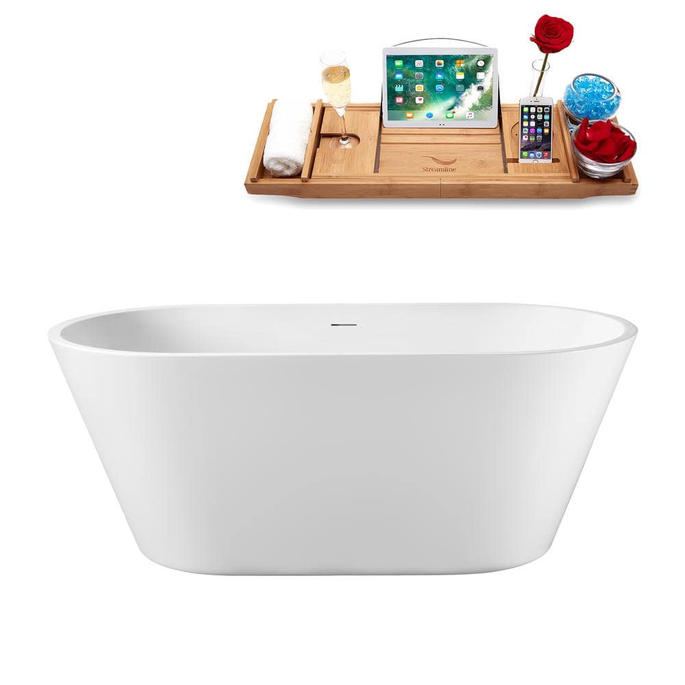 59 in. x 30 in. Acrylic Freestanding Soaking Bathtub in Glossy White with Matte Oil Rubbed Bronze Drain, Bamboo Tray price history on PriceWatchPro