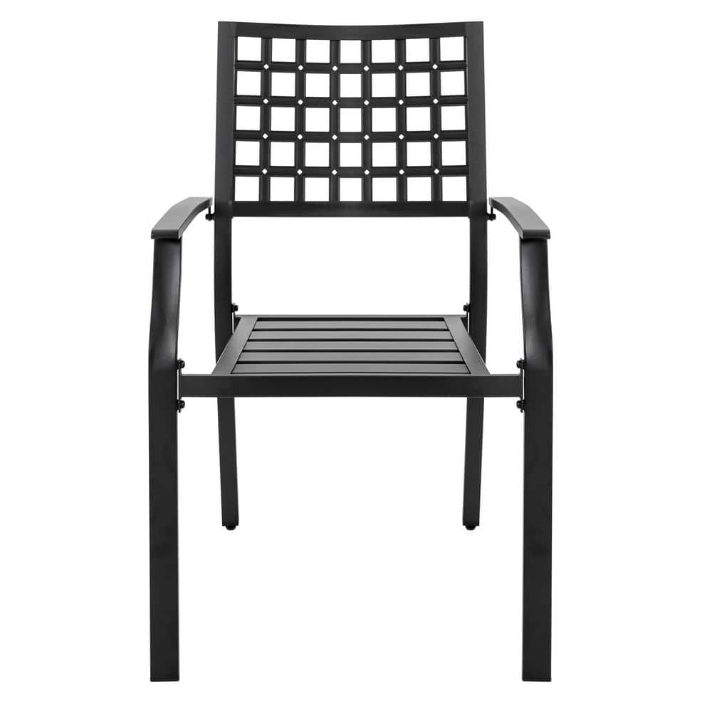 Black Wrought Iron Stackable Outdoor Dining Chairs with Armrest, Set of 2