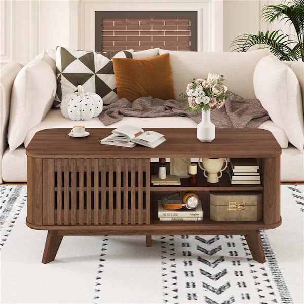 46 in. Brown Oval MDF Coffee Table with Storage Adjustable Shelves and 2 Doors Wood Cocktail Table