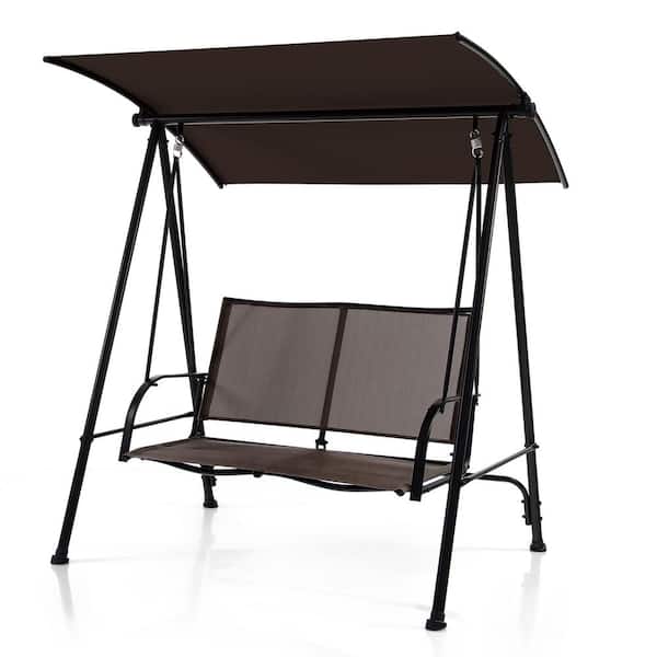 ANGELES HOME 2-Person Heavy-duty Metal Frame Outdoor Patio Swing Adjustable and Convertible Canopy with Comfortable Fabric Seat,Brown