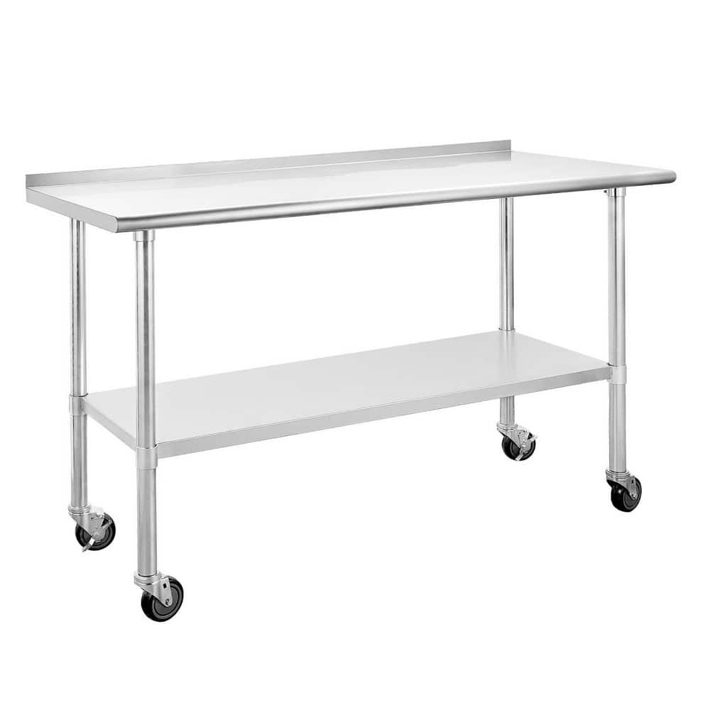 tunuo 60 in. x 24 in. Silver Stainless Steel Kitchen Utility Table with  Adjustable Bottom-Shelf and Caster Wheels SFWF-1192B60 - The Home Depot