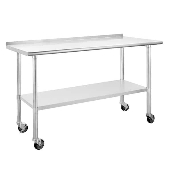 tunuo 60 in. x 24 in. Silver Stainless Steel Kitchen Utility Table with Adjustable Bottom-Shelf and Caster Wheels