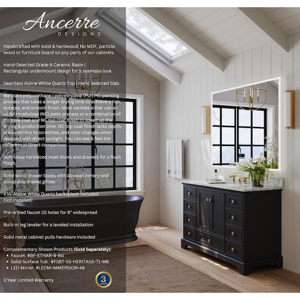 Audrey 48 in. W x 22 in. D Bath Vanity in Black Onyx with Marble Vanity Top in White with White Basin and Gold Hardware