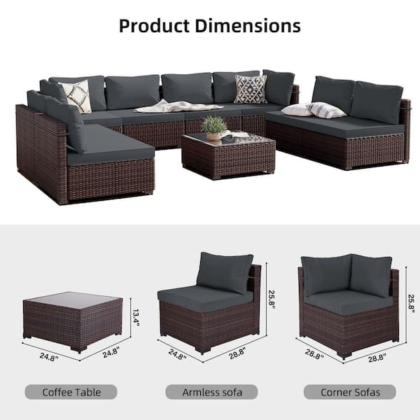 9-Piece Wicker Patio Conversation Seating Set with Dark Gray Cushions and Coffee Table