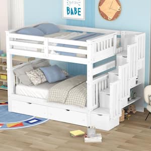 Full Bunk Bed with Stairs and 6 Storage Drawers, Solid Wood Bunk Bed with Storage Drawers, White