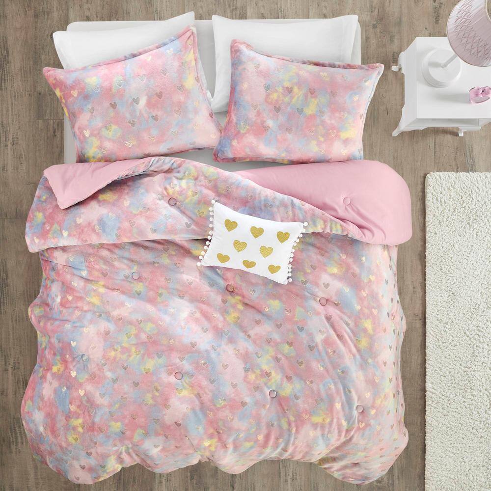 Twin Pink Multi/Gold Microfiber Plush Comforter Set with Hearts