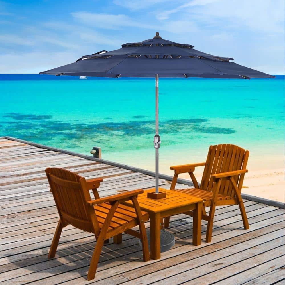8.8 ft. Aluminum 3 Tiers Market Patio Umbrella in Navy Blue with Push Butto