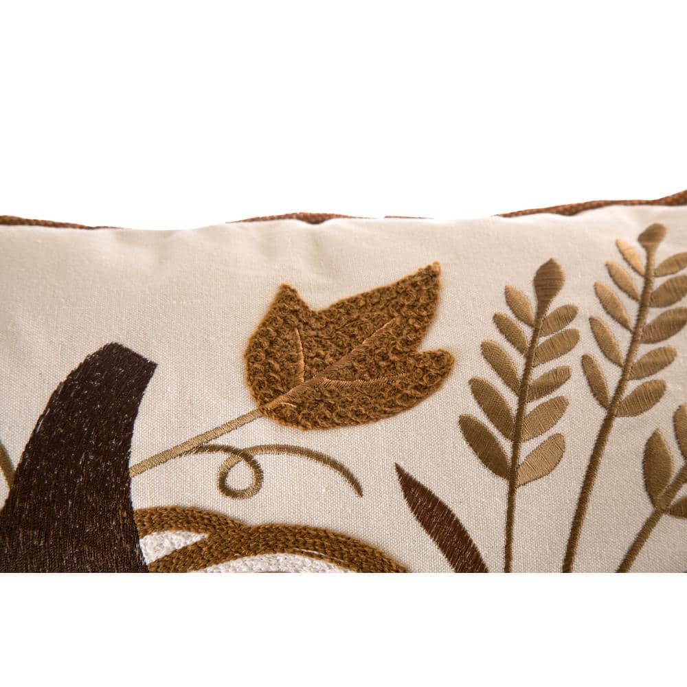 18x18 Beige Cotton Polyester Embroidered Pumpkin Throw Pillow