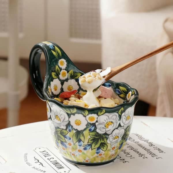 Green Ceramics 5 in. Floral Green Soup Bowl with Loop Handle