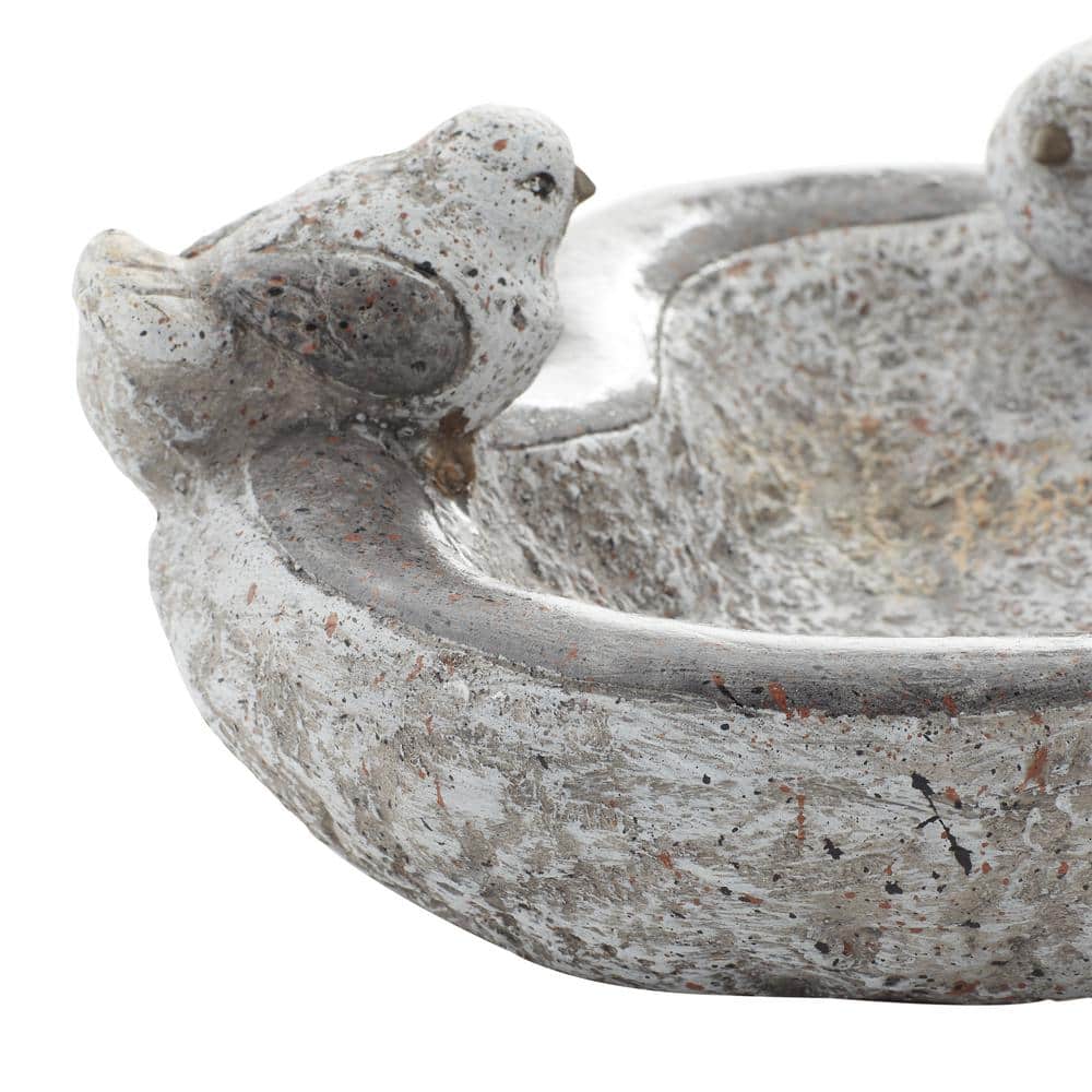 Gray Polystone Bird Garden Sculpture with Bath Bowl