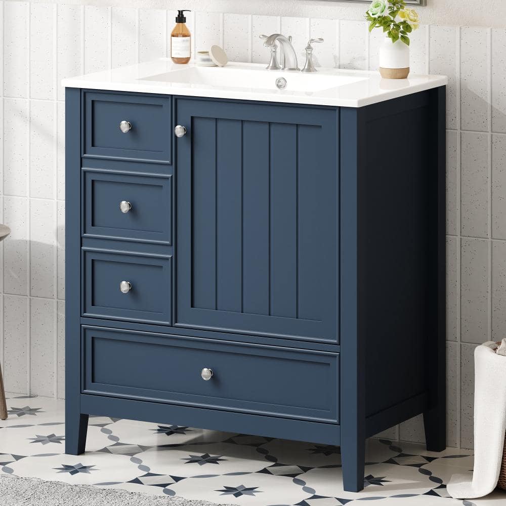 30 in.Single Sink Blue Freestanding Bathroom Vanity,White Ceramic Top,Soft-Close Door,3 Drawers price history on PriceWatchPro