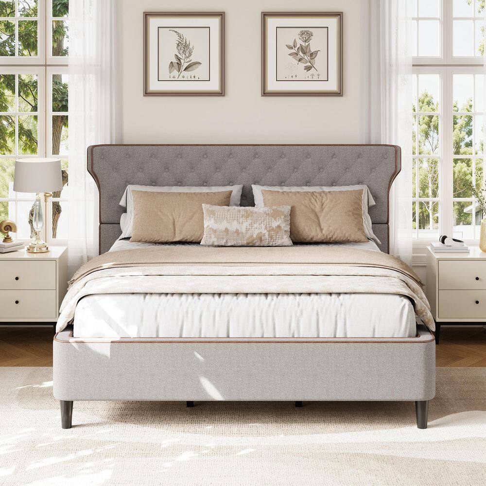 Gray MDF Wood Frame King Platform Bed with Curved Back Headboard and Button Tufted Design price history on PriceWatchPro