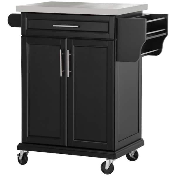 Tileon Black Stainless Steel 33 in. Kitchen Island, Small Utility Storage Trolley with Drawer, 2-Tier Cabinet and Spice Rack