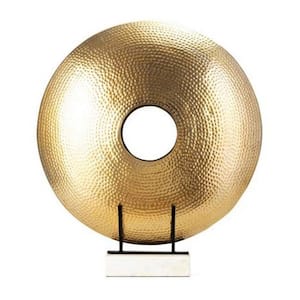 Gold Disk Round Statuette Tabletop Decor with White Marble Base