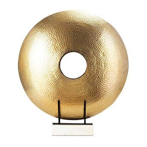Benjara Gold Disk Round Statuette Tabletop Decor with White Marble Base