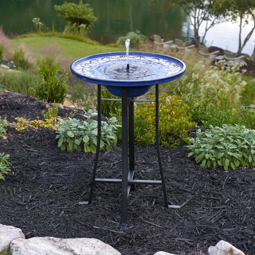 Ravenna Blue Mosaic Ceramic Solar Birdbath with Steel Frame