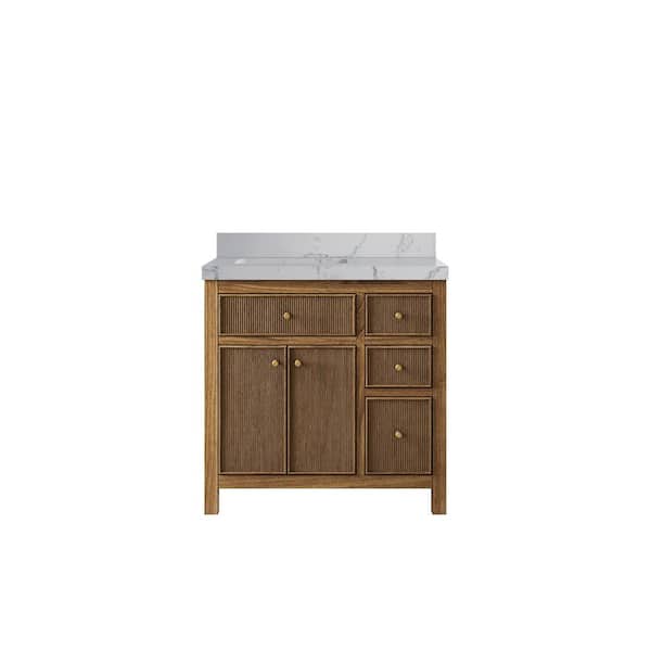 Willow Collections Sonoma Teak 36 in. W x 22 in. D x 36 in. H Left Offset Sink Bath Vanity in Dark Natural with 2 in. Venatino Quartz Top