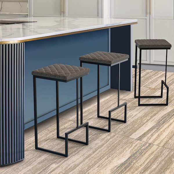Quincy 29 in. Quilted Leather Bar Stool – Black Metal Frame with Footrest Counter Height Chair in Grey