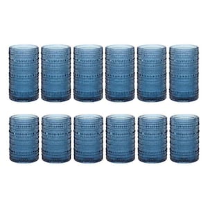 Vintage Embossed Hobnail Glassware Set of 12, 12 oz./15 oz. Glasses Drinking set, Includes 1 Cleaning Brush, Blue