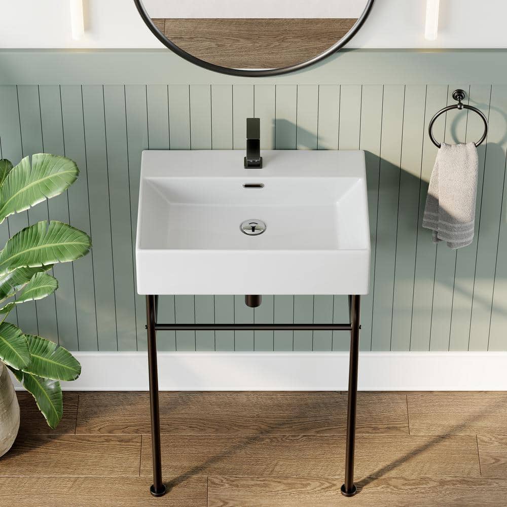 24" White Ceramic Wall-Mount Bathroom Console Sink with Black Legs