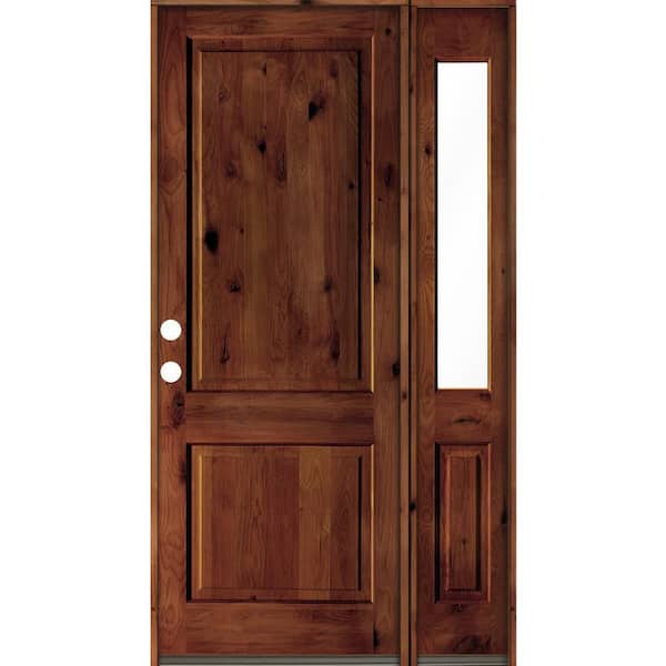 Krosswood Doors 56 in. x 96 in. knotty alder Right-Hand/Inswing Clear Glass Red Chestnut Stain Square Top Wood Prehung Front Door w/RHSL
