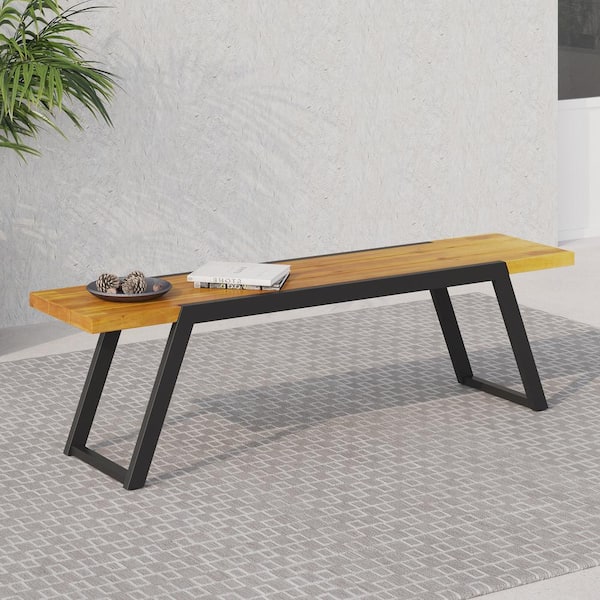 Noble House Goliath 2-Person Teak and Black Wood and Metal Outdoor Patio Bench