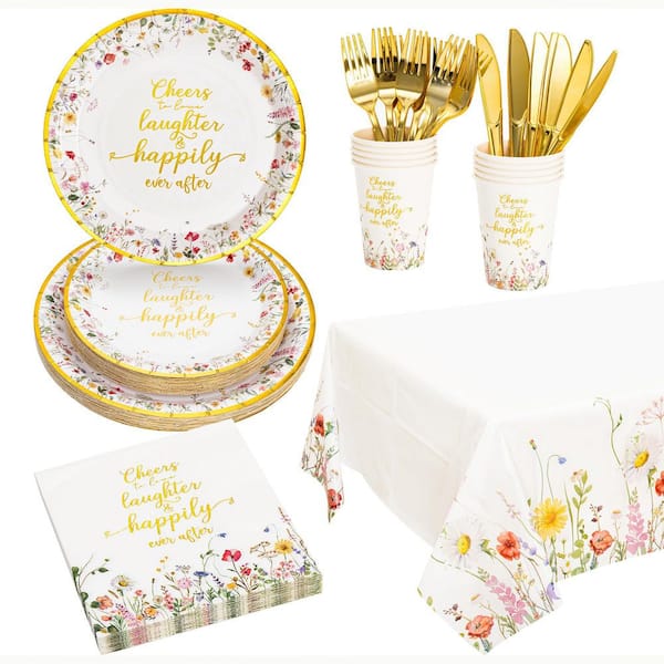 Gold Foil Disposable Tableware Set for 24 Guests with Plates Napkins Cups Cutlery and Tablecloth Bridal