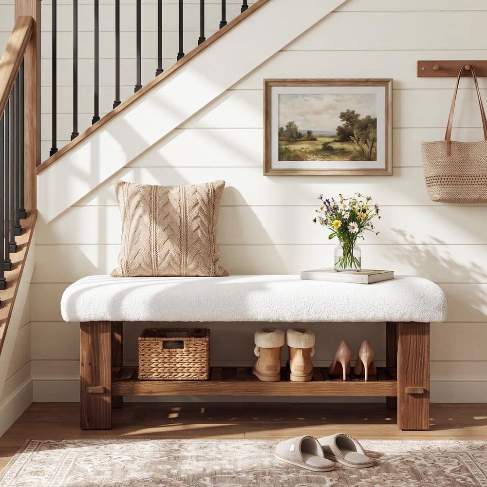42.5 in. Brown Upholstered Solid Wood Bedroom Bench with Lower Slatted Shelf, Entryway Bench for Bedroom, Dining Room