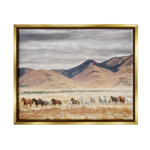 Wild Horses Roaming Across Western Landscape by PH Burchett Floater Frame Animal Wall Art Print 25 in. x 31 in.