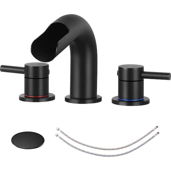 AKLFGN 8 in. Widespread 2-Handle Bathroom Sink Faucet with Pop-Up Drain Waterfall Spout in Matte Black