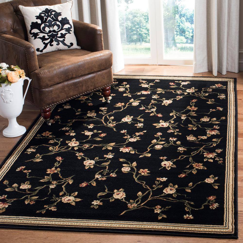 Black Floral Hand-Knotted Synthetic Area Rug, 3'3" x 5'3"
